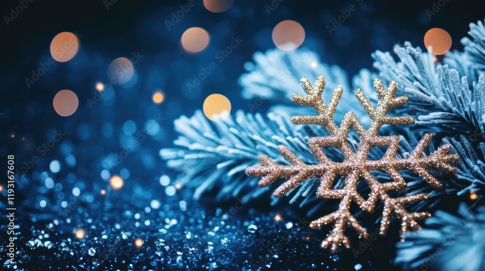 Poster sparkling snowflake on frosty pine branch with warm bokeh lights, creating a festive winter atmosphe