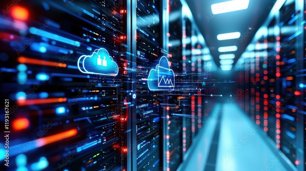 Poster conceptual image of secure data cloud with encryption, showcasing digital security and technology in server room. vibrant colors and glowing icons represent data protection