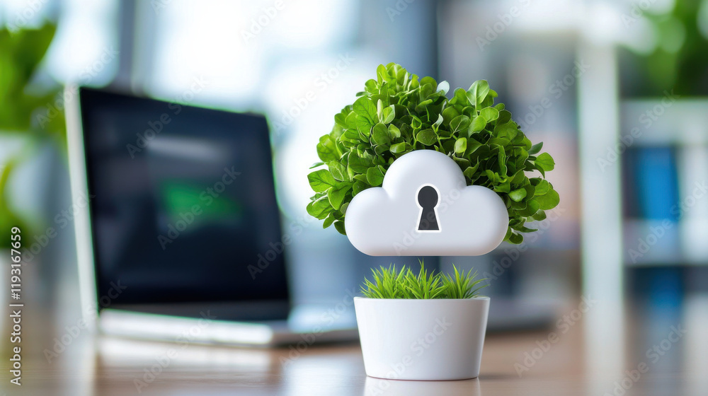 Leinwandbilder conceptual image of secure data cloud with encryption, featuring plant growing in pot, symbolizing growth and security in technology
