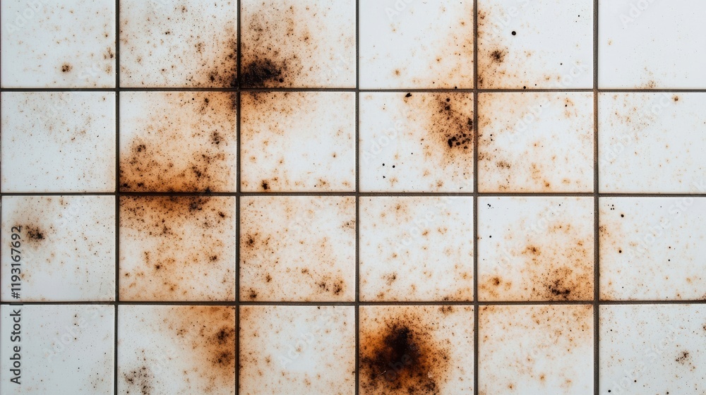 Poster dirty tiles with rust stains create an unkempt surface, showing the impact of time and neglect in a 