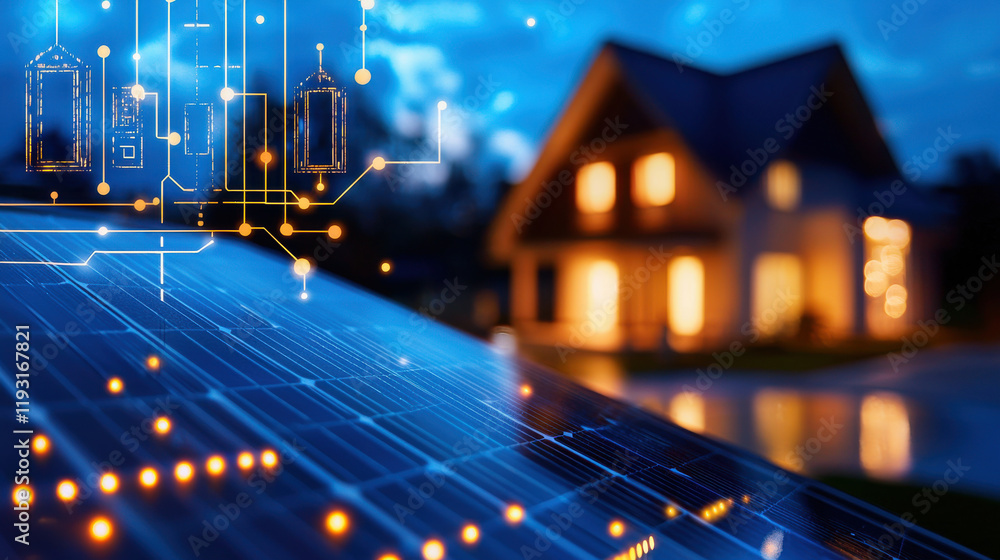 Poster conceptual image of solar powered home with smart technology, showcasing solar panels and modern hou