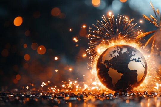 A vector composition of fireworks bursting around a globe, symbolizing worldwide celebrations and unity