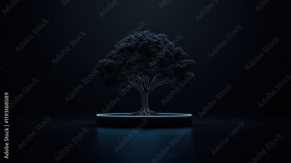 Leinwandbilder glowing innovation tree stands in dark environment, symbolizing creativity and growth. Its intricate branches and roots are illuminated, creating striking visual impact