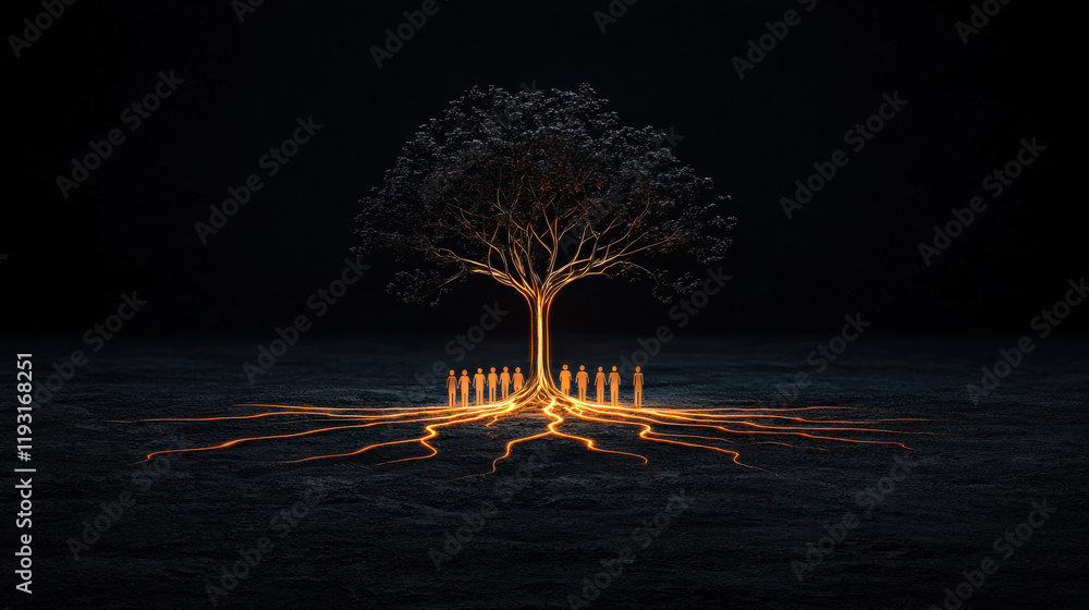 Leinwandbilder glowing innovation tree symbolizes growth and connection, with roots intertwining around figures rep