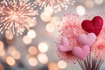 Fototapeta premium A vector illustration of heart-shaped fireworks in pink and red, radiating romantic vibes for a Valentine's Day theme