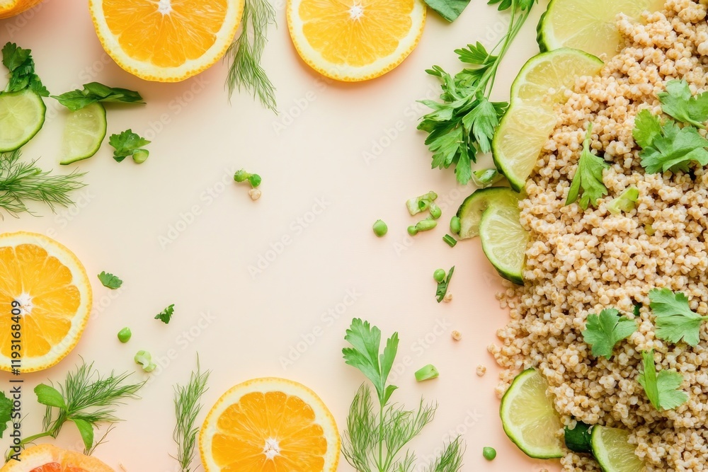 Poster modern top-down view of bulgur salad mixed with herbs and citrus slices neatly arranged on smooth gr