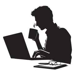 a man using a laptop with a coffee mug silhouette vector illustration isolated on a white background