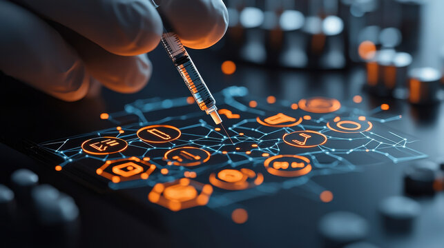 Innovative healthcare technology concept with syringe and digital icons representing global health solutions. image showcases intersection of medicine and technology