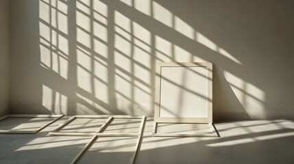 Fototapeta premium Sunlight illuminates empty frames against a wall.