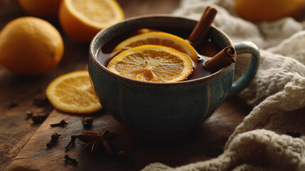 A mulled wine served in a ceramic cup, garnished with orange slices, cloves, and a cinnamon stick.