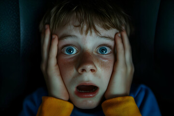 Child expresses fear while watching a suspenseful scene in a dark room during a movie night