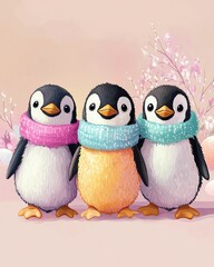 Fototapeta premium Easter festive cartoon . Adorable cartoon penguins with pastel Easter scarves on a gradient background