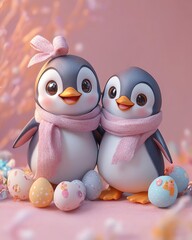 Obraz premium Easter festive cartoon . Adorable cartoon penguins with pastel Easter scarves on a gradient background