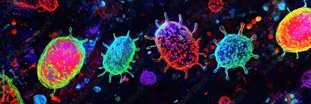 Aufkleber discover vibrant magnified viruses showcasing their intricate structures in a colorful scientific re