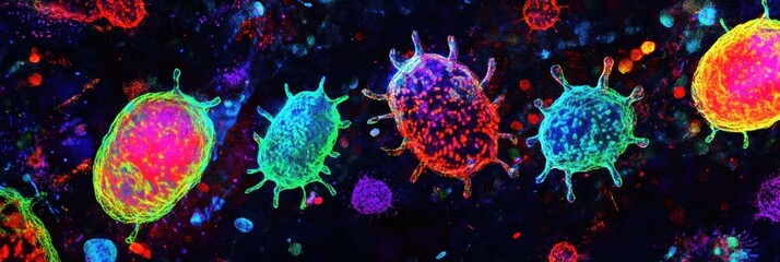 Naklejka premium Discover vibrant magnified viruses showcasing their intricate structures in a colorful scientific representation. Generative AI