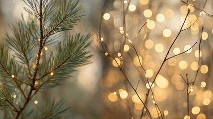 Pine branch and fairy lights bokeh. Festive winter background.