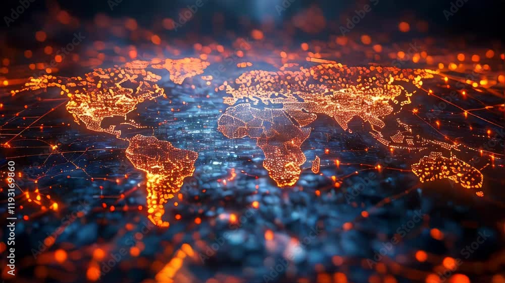 Poster a glowing digital map of the world with highlighted business connections and networks