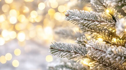 Close-up of snow-covered Christmas tree branch with warm lights bokeh.