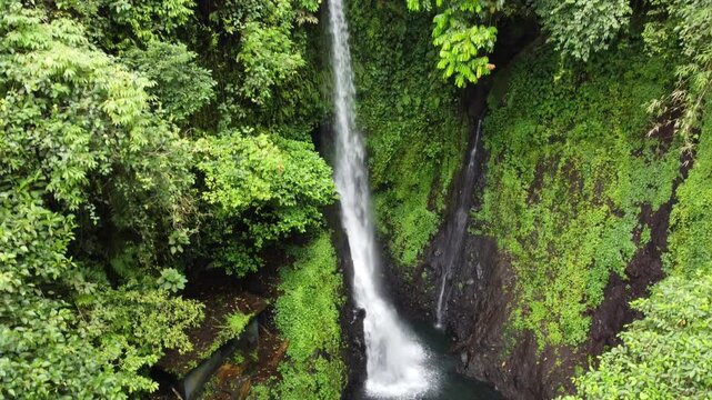 The drone view of Pete Waterfall in Banyumas Regency, Central Java, Indonesia. It was taken on January 13, 2025 by a professional. It's a wonderful landscape with a nice view