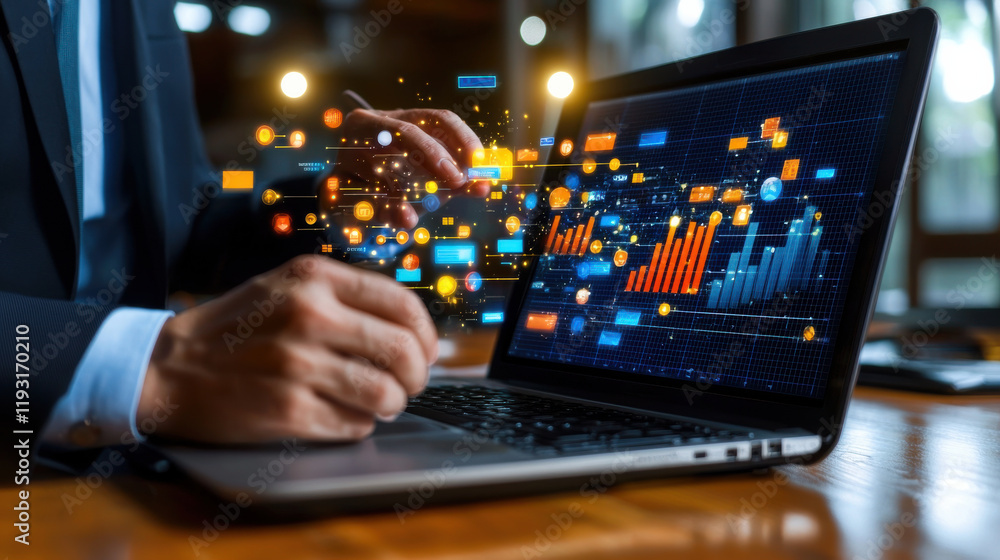 Aufkleber professional analyzing business data and analytics on laptop, showcasing visual graphs and digital elements. scene conveys sense of innovation and technology in workplace