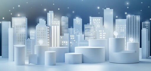Naklejka premium Illuminated cityscape at night with white podiums.