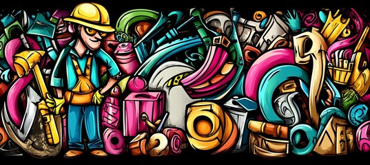 Colorful cartoon illustration of a construction worker surrounded by tools and equipment.