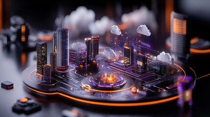 futuristic cityscape with glowing buildings, cloud servers, and digital elements, showcasing advanced technology and urban development