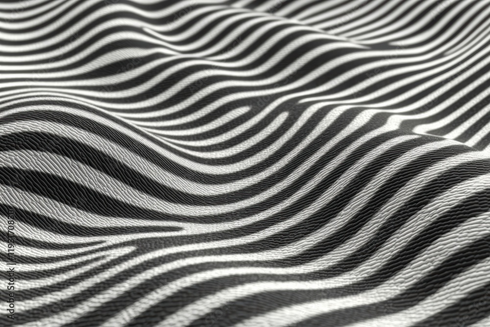 Poster abstract fabric texture with bold black and white stripes, creating a wave-like pattern that evokes 