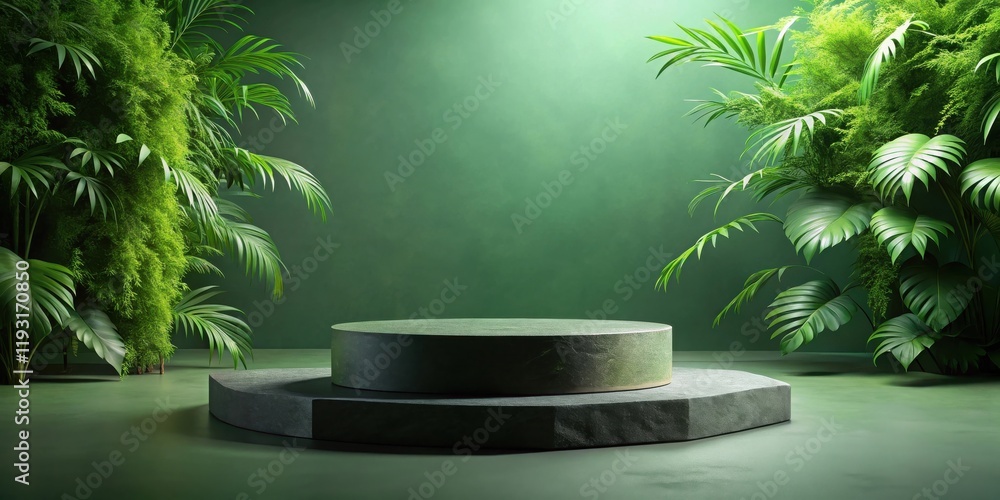 Poster Serene Green Studio Setting with Two-Tiered Stone Display