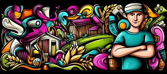 Cartoon farmer with farm doodles.