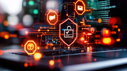 visual representation of data protection laws featuring digital security icons, including padlock, email, and data flow, emphasizing importance of cybersecurity