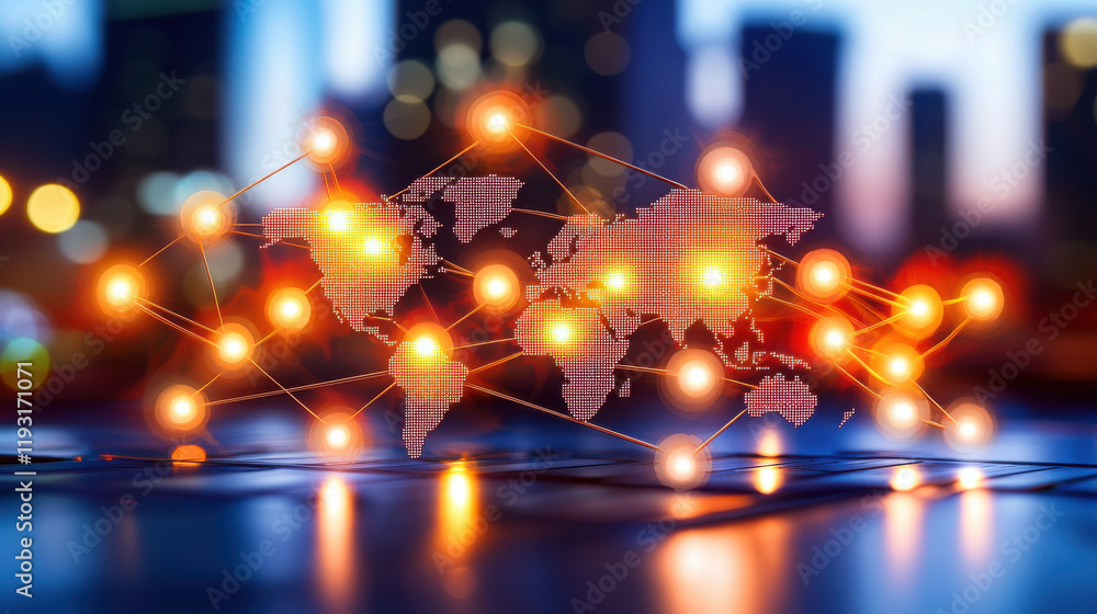 Poster visual representation of global market analysis with interconnected nodes and world map, showcasing data flow and connectivity in digital environment