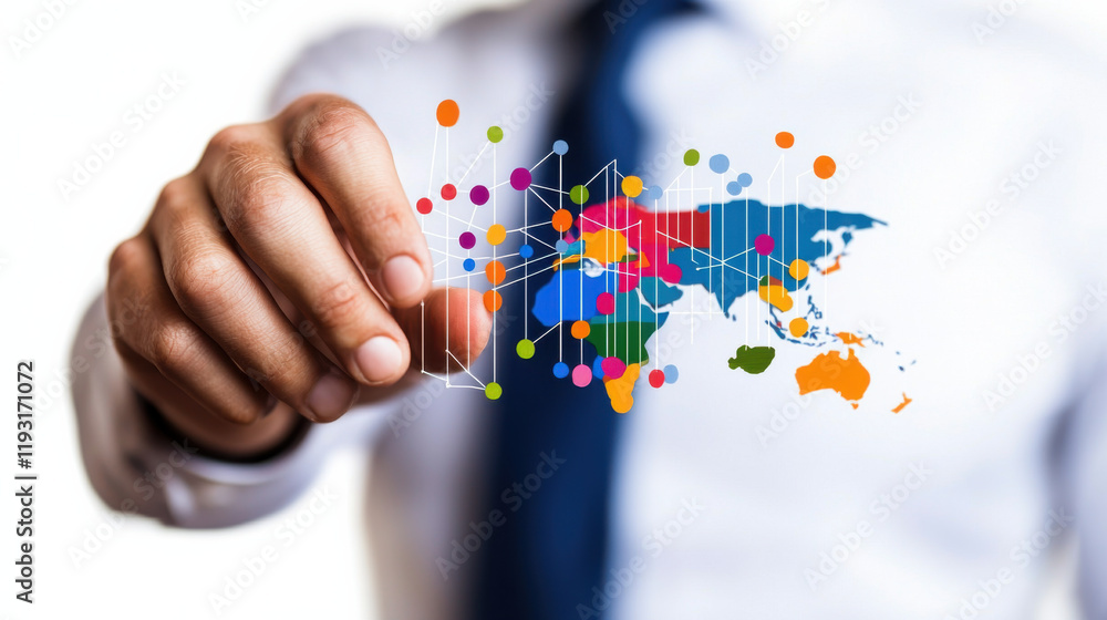Poster person holding colorful world map with data points, representing global market analysis and connecti