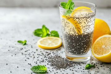A glass chia water with lemon slices