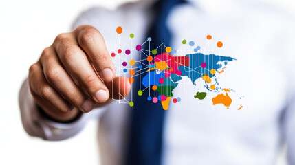 person holding colorful world map with data points, representing global market analysis and connectivity. This visual emphasizes international business and data visualization