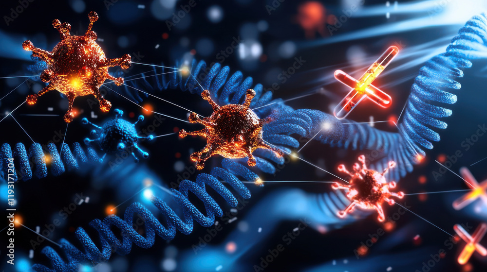 Poster innovative visualization of nanotechnology showcasing molecular structures, viruses, and dna strands