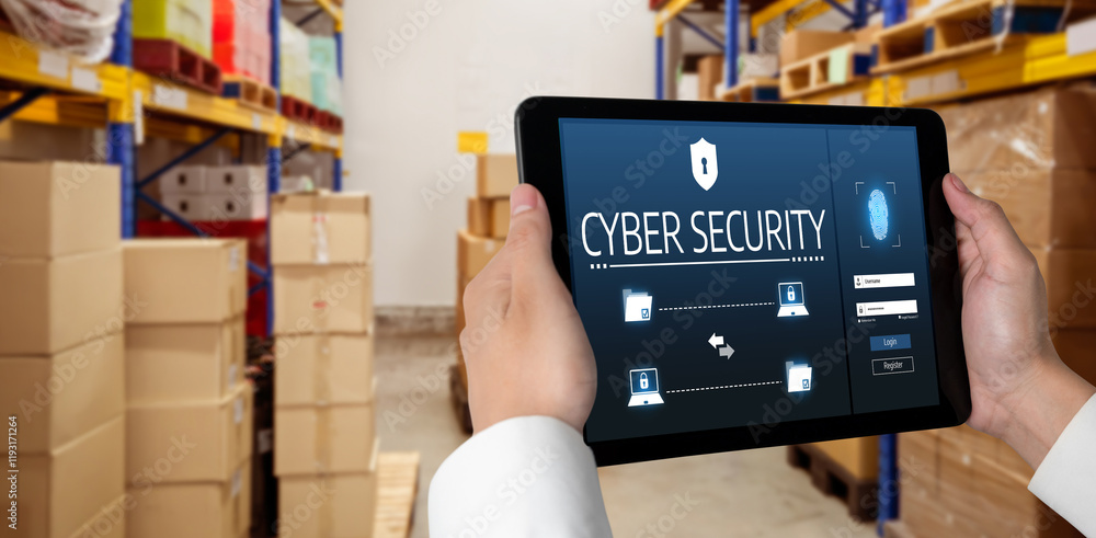 Poster cyber security system on computer screen protect private information snugly from hacker and cyber at