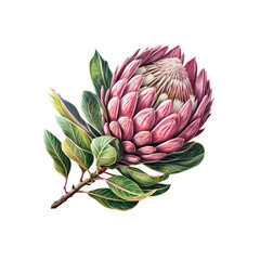 Fototapeta premium The Regal Protea: A stunning botanical illustration of a blooming protea flower with intricate petals, lush green leaves, and a delicate stem. A testament to the beauty of nature.