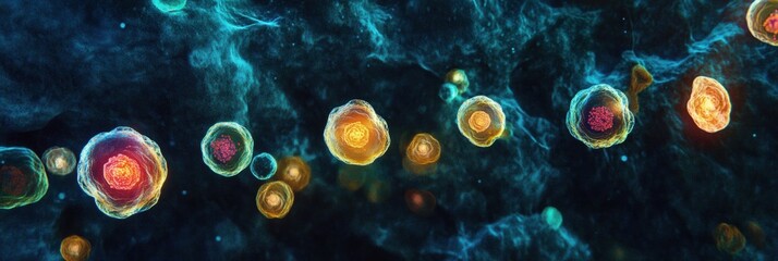 Vibrant representation of magnified viruses showcasing intricate details and vibrant colors in a scientific context. Generative AI