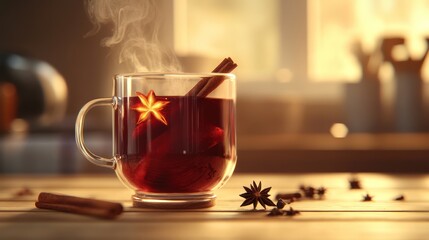 a glass cup of hot mulled wine with cinnamon and star anise on a wooden table, smoke coming from the top, food photography
