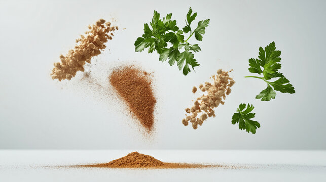 cumin seeds and cumin powder flying with herbs