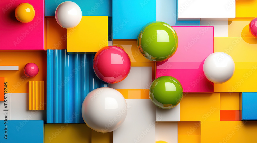 Poster bright and colorful abstract design featuring geometric shapes and spheres, creating vibrant and pla