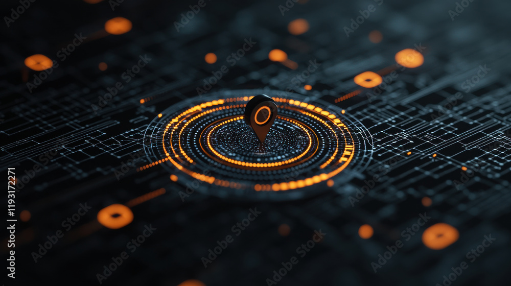 Poster abstract representation of business strategy with digital elements, featuring central location marker surrounded by glowing circuits and data patterns