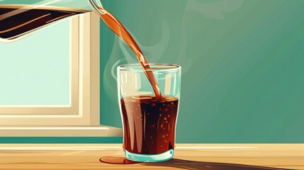 Pouring Syrup into Glass of Tasty Coffee on Table Close Up