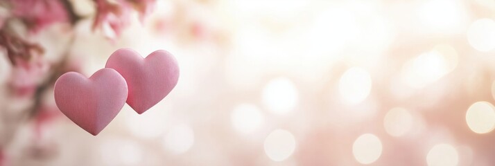 Fototapeta premium Pink hearts hanging from branches, love concept with blurred background and bokeh lights