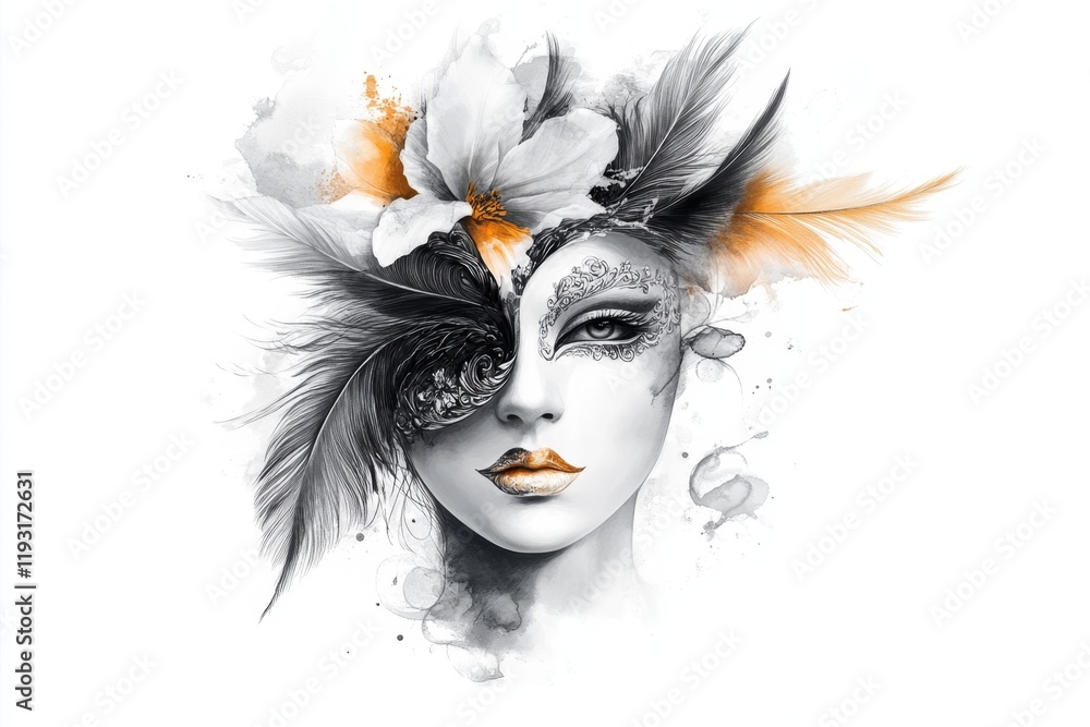 Aufkleber a whimsical drawing of a venetian mask surrounded by decorative feathers, rendered in bold, simple s