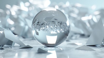 A smooth, reflective orb surrounded by scattered white geometric pieces.