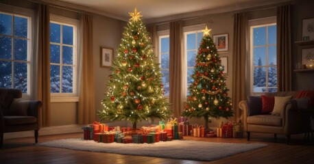 A beautiful Christmas tree with sparkling snowflakes and colorful ornaments in a cozy room, evergreen tree, winter festive, colorful ornaments