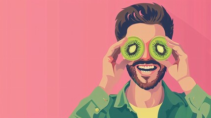 Joyful man hiding eyes with fresh kiwi slices on pink background