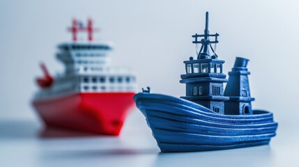 Fototapeta premium Detailed close-up image of a blue toy tugboat in focus with a blurred red cargo ship in the background, illustrating maritime and nautical themes for creative projects and designs.